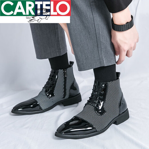 CARTELO leather shoes men's formal wear fashion business casual Martin boots trend British and Korean version pointy toe wedding groom leather shoes trend X.9712 black (inner height increase) 39