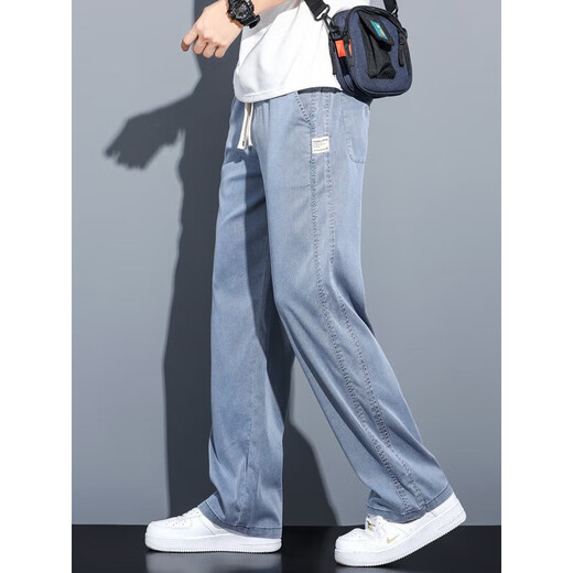 Lomon summer thin ice silk casual pants for men loose straight-leg tensile denim wide-leg pants for men trendy brand trousers for men 1048 gray + 1048 black M