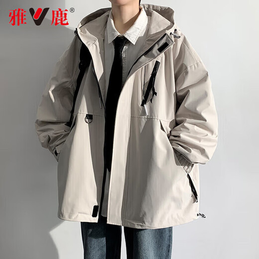 Yalu Jacket Outdoor Men's Jacket Hooded Waterproof Windproof Loose Jacket Men's Youth Mountaineering Jacket All-Match Top Khaki M (Recommended 115-130 Jin Jin equals 0.5 kg)