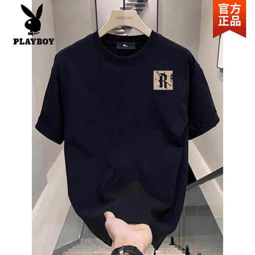 Playboy (PLAYBOY) 2025 summer new short-sleeved T-shirt men's trendy men's clothes loose casual printed T-shirt half-sleeved black V753 black high quality 2XL