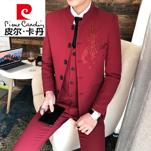 皮尔卡丹（pierre cardin）中山装男立领修身韩版潮青年中国风西装男士套装休闲西服唐装外套 黑色【西服+裤子+马甲+衬衫】送 2XL (135~150斤)