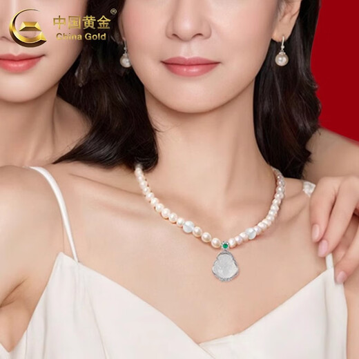 China Gold Silver Chalcedony Buddha Freshwater Pearl Necklace Women's Sweater Chain Valentine's Day Birthday Gift for Girlfriend and Wife Jingsuda* Chalcedony Buddha Pearl Necklace Brand Gift Box