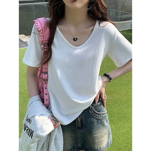 美罗邦（Meloban）6198官图240克双纱U领正肩短袖T恤女宽松白色春夏款 白色 S