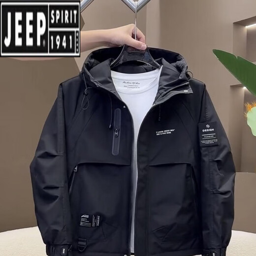 吉普（JEEP）男士外套秋冬季新款棉衣流行时尚潮牌宽松连帽工装夹棉夹克冲锋衣 黑色 3XL