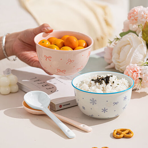 Everyday low price, new underglaze color ceramic bowl and tableware set, girlish ins style ceramic bowl and spoon, 99% people choose dreamy pink and blue two bowls and two spoons