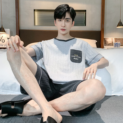 2025 Nuevo pijama de algodón de verano para hombres con algodón delgado de algodón corto traje para adolescentes ropa casual casual se puede usar fuera de HDE9929 XL XXL