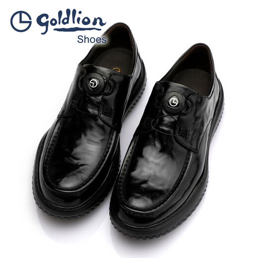 Goldlion Men's Shoes 2025 Spring New Men's Formal Leather Shoes Round Toe Knob Buckle Hand Scratch Pattern Thick Sole Business Casual Shoes Black 42
