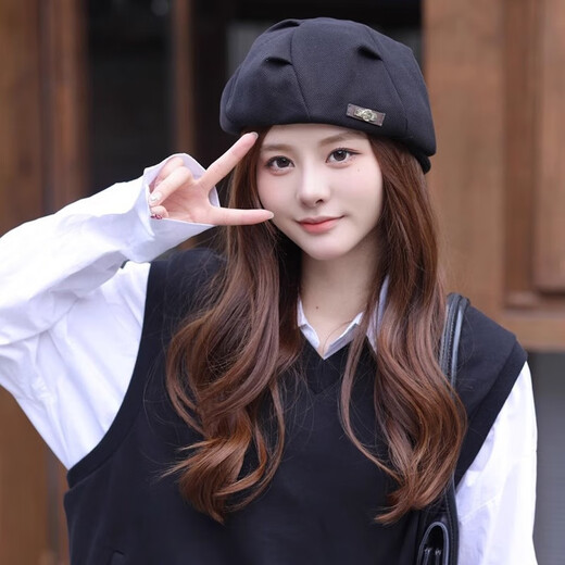 
Qisi charming (QIANZIJIAOMEI) spring and autumn style retro British style forward hat versatile painter hat long iron mark front and back two wear wool bud hat women black uniform size