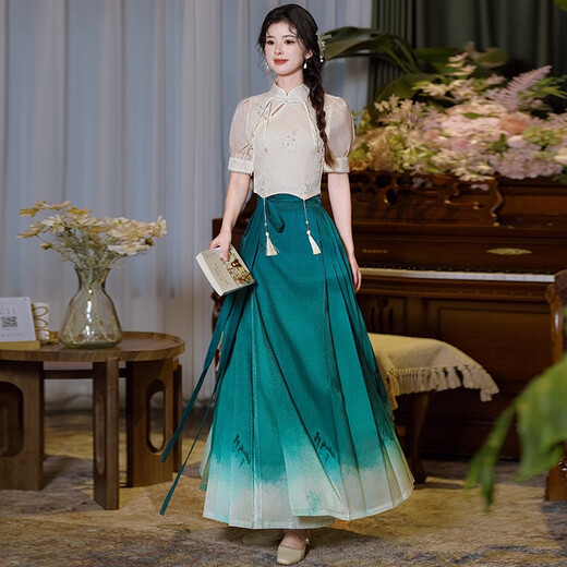 Le nouveau rétro chinois de Baihuizi, le haut à manches courts à manches courtes à manches courtes à manches courtes à manches chinoises à manches chinoises, la jupe à face de cheval imprimé 2418 Couleur d'abricot + 2319 Green + 12187 White S
