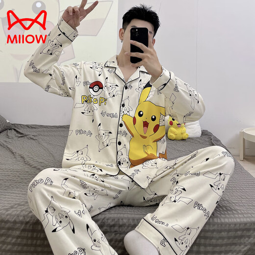 Catman (MiiOW) 2025 new men's pajamas spring and autumn long sleeve thin style youth cartoon student summer day home clothing set 9901 men's style 2XL standard (high 180180Jin [Jin equals 0.5 kg])