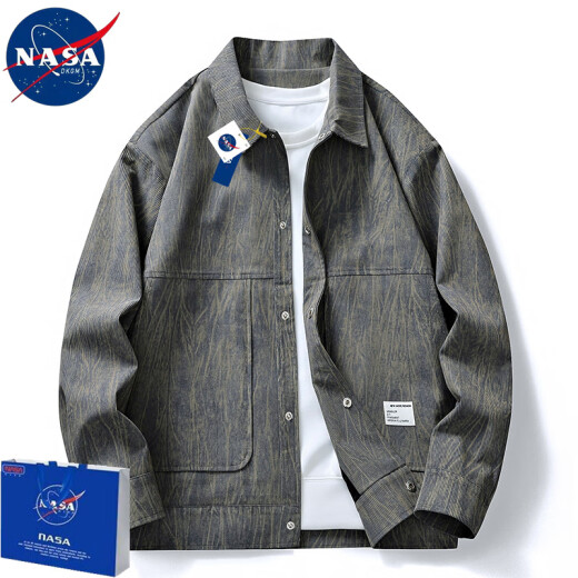 NASADKGM外套男美式复古工装衬衫夹克男宽松休闲百搭情侣上衣服大码男装 米灰 XL
