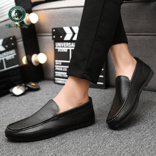 Holzspecker fahren Bohnenschuhe für Frühlings- und Sommer -Trend koreanische vielseitige Schuhe mit einem Fuß, faul britische Freizeitlederschuhe D838 Black 39