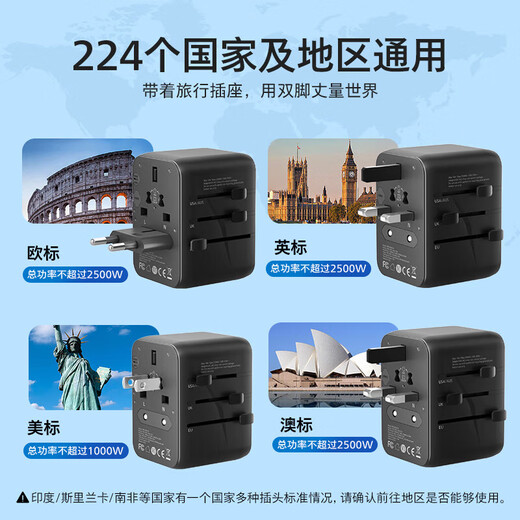 Philips (PHILIPS) Global Universal Adapter Plug Universal Multi-Country Travel Socket Adapter Suitable for Europe/UK/Hong Kong and Macao/USA/Japan/Malaysia Overseas Overseas Adapter 15W Universal for Europe, UK, US and Australia 2A+1C-Black