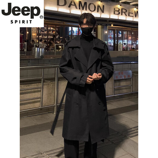 Jeep Spirit High-End Retro Double Breasted Windbreaker Herren Spring Neue Feste Farbe Einfacher mittelgroßer britischer Stil großer Größe Schwarz L.