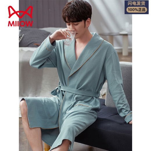 Catman MIIOW waffle bathrobe men's spring and autumn pure cotton medium-length men's nightgown 2025 new absorbent integrated bathrobe LJ96827 M [weight 100-120Jin [Jin equals 0.5 kg]]