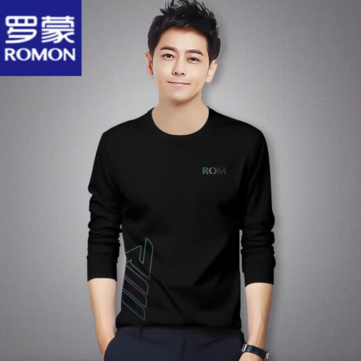 ROMON long-sleeved T-shirt men's spring and autumn new sweatshirt large size trendy slim printed round neck top T-shirt bottoming shirt long-sleeved RM1117 black M