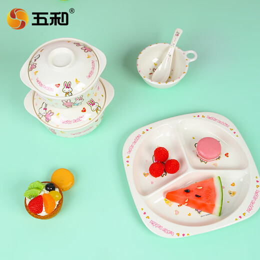 Wuhe para el tazón infantil de la vajilla para bebés A5 Metamine Imitation Serie de porcelana placa de tazón de la altura auspiciosa del conejo alojo de conejo auspicioso de la sopa para niños H-838j*1