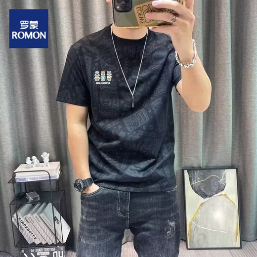 罗蒙（ROMON）t恤男士短袖男夏季短袖T恤新款潮流满印休闲上衣服体恤打底衫男装 829短袖灰色 XL