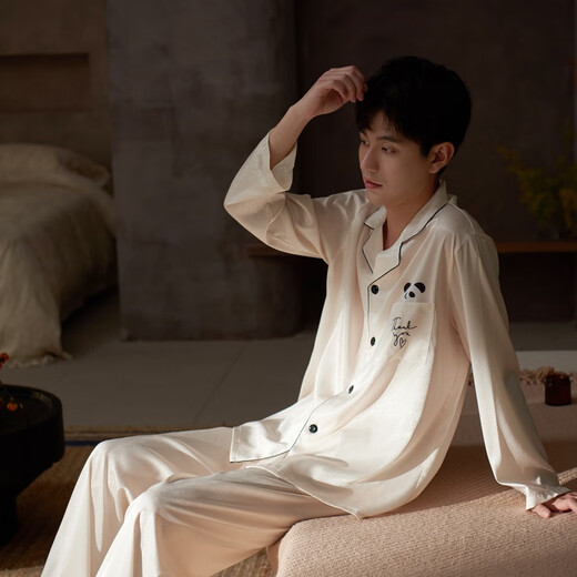 Modal 2025 Ice Silk Pajamas Men's Spring and Autumn Long Sleeve Youth Panda Print Cool Home Clothes Suit Outer Wear YH12111 Panda-Champagne Men's L
