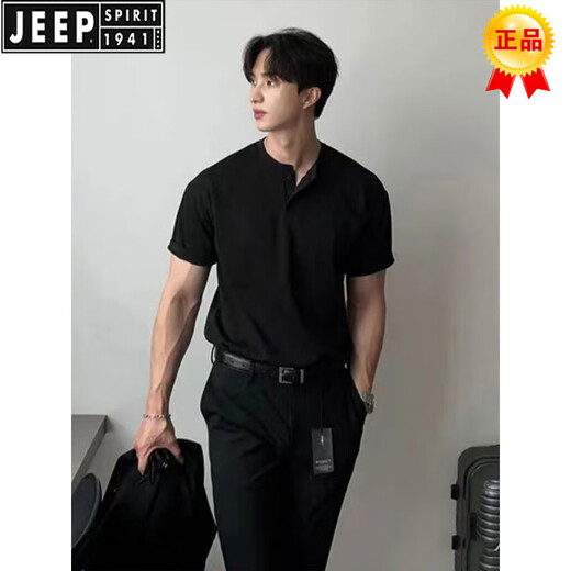 JEEP SPIRIT brand pure black right shoulder short-sleeved Polo shirt men's summer Henry collar T-shirt heavy stiff American slim short-sleeved black L (suitable for 120-135Jin Jin equals 0.5kg)