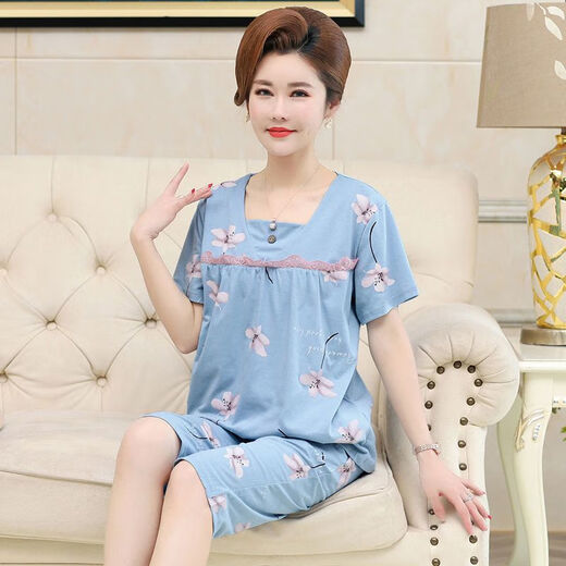 炙夏中年妈妈睡衣女夏季纯棉短袖七分裤中老年人 t3937 2XL (135-155斤)