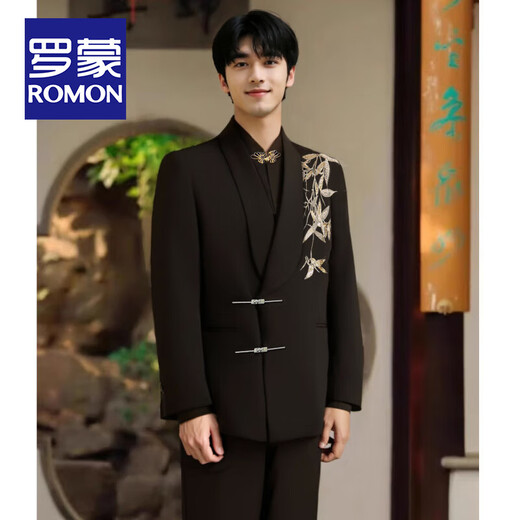 ROMON New Chinese Style Gold Collar Suit Men's Engagement Wedding Groom Embroidered Tang Suit Chinese Style Host Banquet Suit Men's New Chinese Style Jacket + Pants XL (Recommended 155-170 Jin Jin equals 0.5 kg)