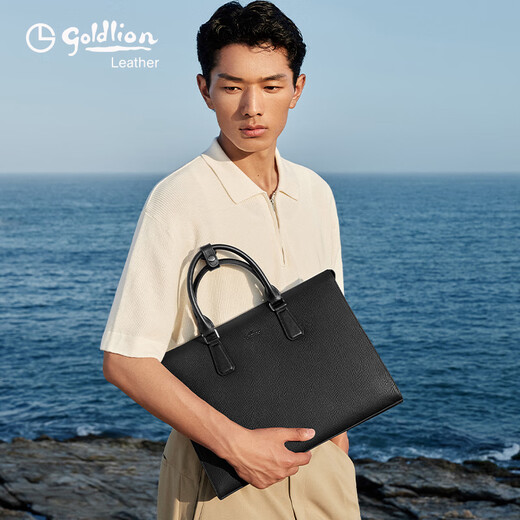 Jinlilai official flagship new men's briefcase genuine leather simple business bag light luxury handbag head layer cowhide office bag black large bag 13 inches