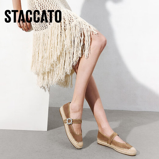 Sijiatu 2025 new wheat sugar cube Mary Jane shoes Fisherman shoes Flat shoes Light mouth shoes Women's single shoes 9UA49AQ5 Grass and wood brown 34