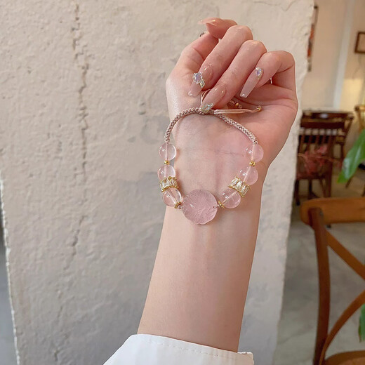 Pink crystal bracelet for women, peach blossom awakening lion, Pixiu braided rope, pink crystal bracelet, a niche gift for girlfriends and besties, Pixiu style 15cm