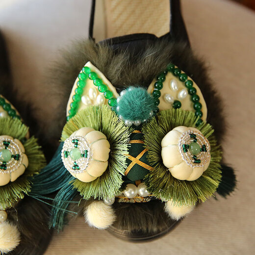 娟的绢厚底增高民族风布鞋女鞋春季新款原创虎头绣花鞋女配马面裙懒人鞋 黑绿色 36