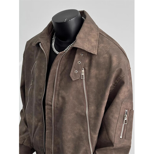 POUM American retro trendy brand PU leather jacket men's spring and autumn trendy high street motorcycle wear hip-hop jacket jacket SY-Y1029 Brown L