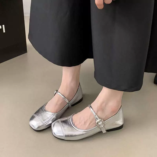 Zapatos lisos mary zhen para mujeres plateados zapatos de solo luz plana francesa zapatos de cuero pequeño zapatos de cuero pequeño zapatos de abuela de un pie con falda zapatos de solo boca de luz