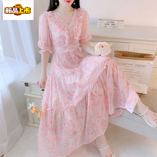 Break de thé français du premier chemin en V Beau robe en mousseline de mousseline florale pour l'été féminin 2025 Nouveau tempérament à la taille de la taille de fée-jupe longue Blue 736 # [Version Robe] L [suggéré 105-120jin [Jin est égal à 0,5 kg]]]