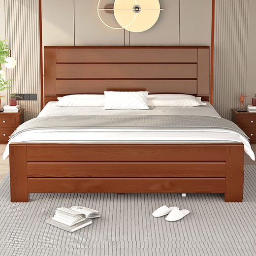 Kimber oak upgraded bed board solid wood bed new Chinese double bed walnut color wooden bed simple master bedroom home single bed walnut color single bed 1.5*2 meters upgraded bed board