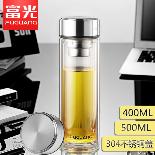 富光双层玻璃杯加厚办公茶水杯304不锈钢杯盖商务礼品 本色 400ml WFB1048