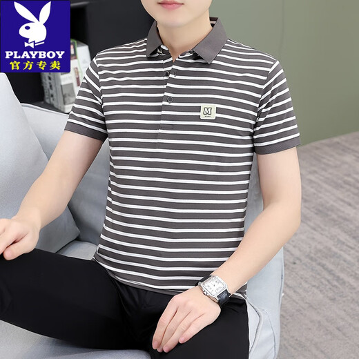 花花公子（PLAYBOY）纯棉polo衫男士短袖t恤条纹翻领上衣夏季新款高档商务有领体恤衫 TB-QY753灰白 L 【建议120-135斤】