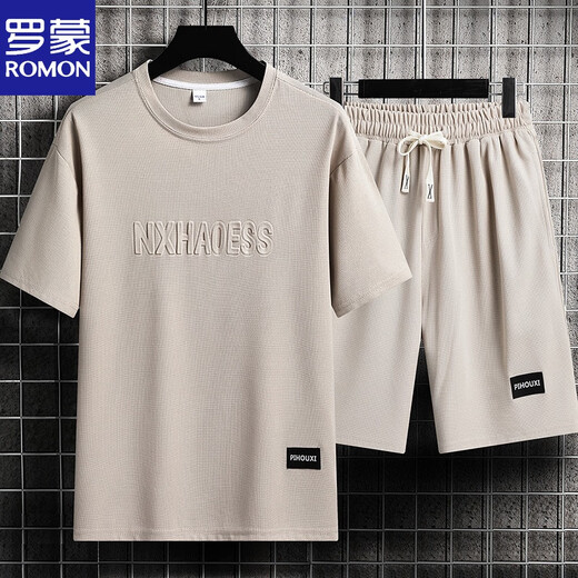 Romon Men's Summer Suit Teen Short Sleeve T-shirt Thin Ice Silk Two-Piece Set Casual Sportswear Five-point Short Pants Set-TZ829 Military Green [Top + Pants] M Recommended 90-110Jin [Jin equals 0.5 kg]