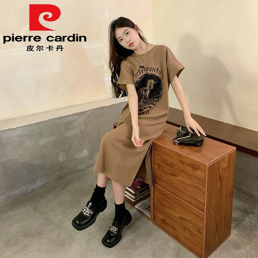 皮尔卡丹（pierre cardin）纯棉长款过膝懒人连衣裙女宽松外穿夏季新款遮肉短袖t恤裙子开叉 761-咖啡色 (纯棉)今年流行的轻 M
