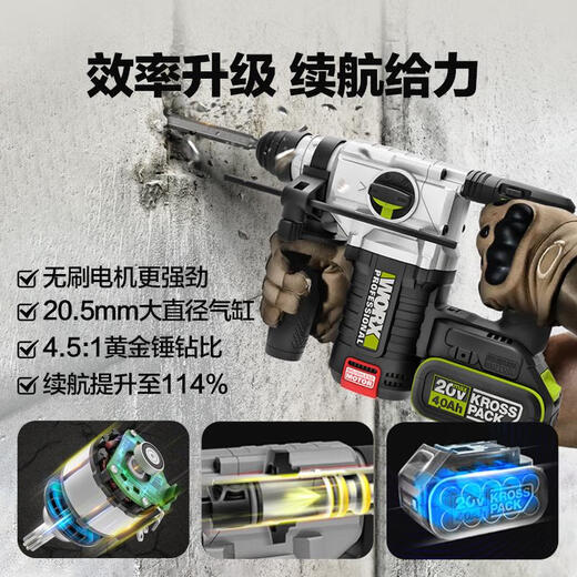 威克士（WORX）无刷冲击钻大功率重锤充电式锂电电锤多功能电动工具 WU3884.0双 WU388.9裸机