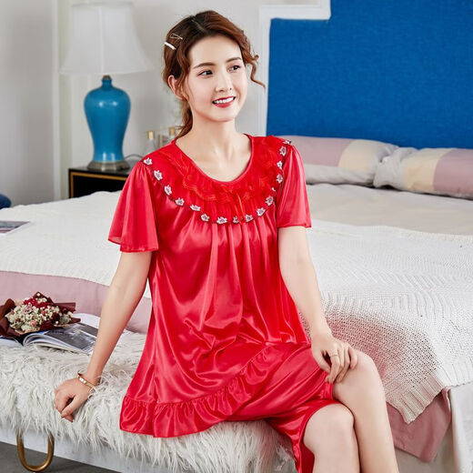 炙夏夏季睡衣女夏短袖大码冰丝韩版加肥加大性感 688红色 (短裤套装) 2XL (建议140斤-160斤)