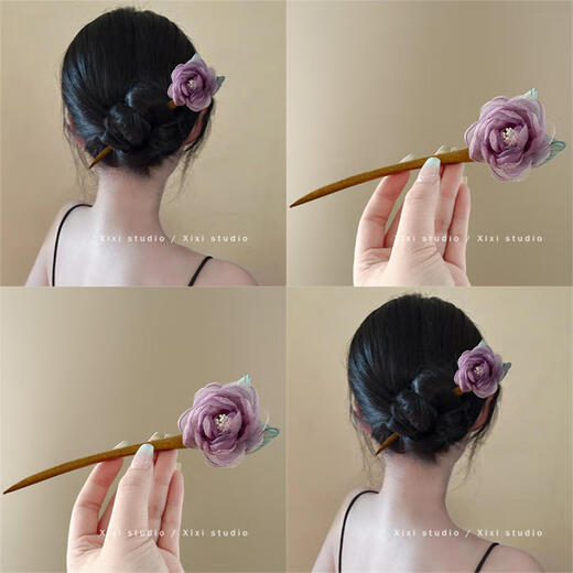 Dai Yan ancient style wooden hairpin, new Chinese style daily hairpin, rose wood hairpin, women's ancient style cheongsam and Hanfu accessories, light purple flower hairpin