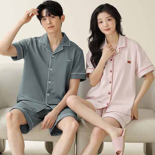 
LangSha couple pajamas summer short-sleeved shorts simple cardigan can be worn outside for men and women's cotton home clothes summer X12706-12806 3XL men's style