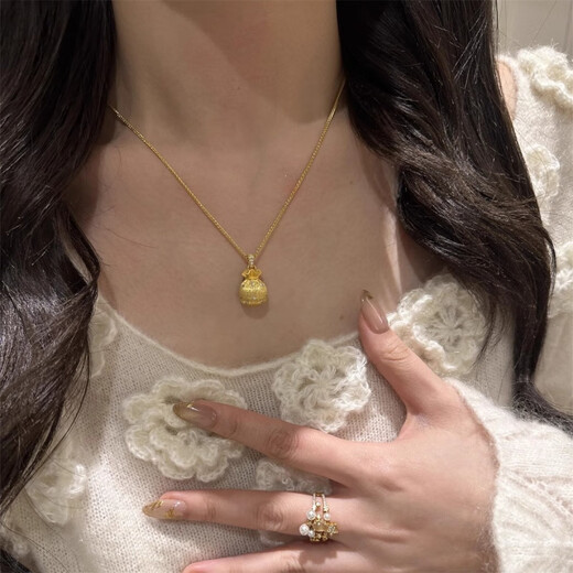 CAMPUSKINGLY Old Phoenix 999 gold sterling silver gold-plated brushed small lucky bag pendant necklace light luxury treasure clavicle chain brushed lucky bag necklace same style exquisite gift box gift giving