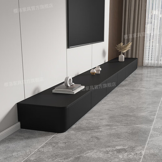 Yingluo Board Yan Gabinete de televisión negro Combinación de mesa de café Combinación Sala de estar de alta gama 2025 Nuevo gabinete de televisión de madera maciza de lujo de lujo Madera sólida de 3.0 metros Gabinete de piso de esquina redondeada