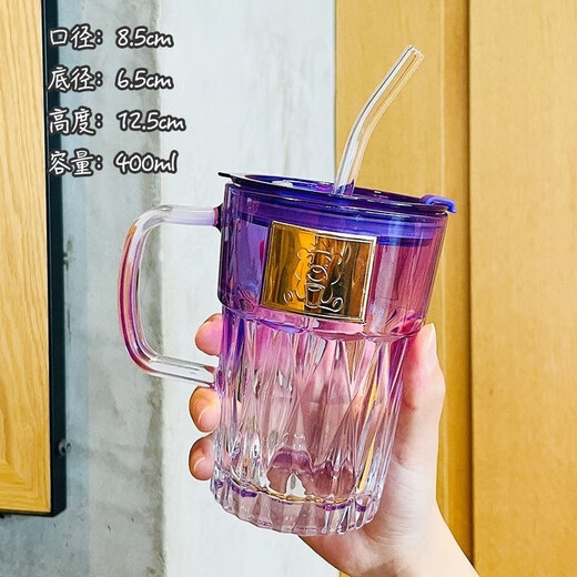 FancyChic [6174] Europäische elektroplierende farbige Glaswasserbecher verdickte Blei-Blei-Gurt-Griff-Griffe Anti-Scenging Strohbecher Diamant Ins High Purple Griff + Deckel + Strohhalm + Strohhalm