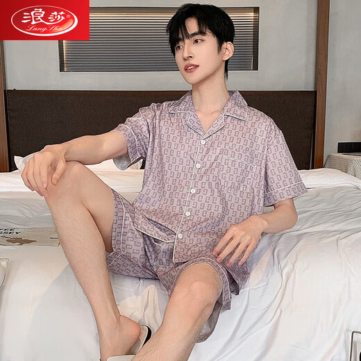 Langsha pajamas men's summer ice silk short sleeve shorts suit simulated silk sense summer large size student home clothing 6630 L