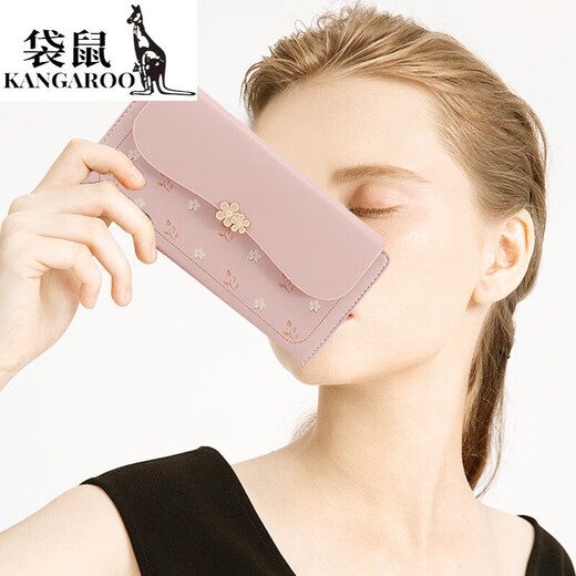 袋鼠（KANGAROO）钱包女长款2025新品韩版可爱小花女士钱夹大容量卡包钱包二合一女 粉色