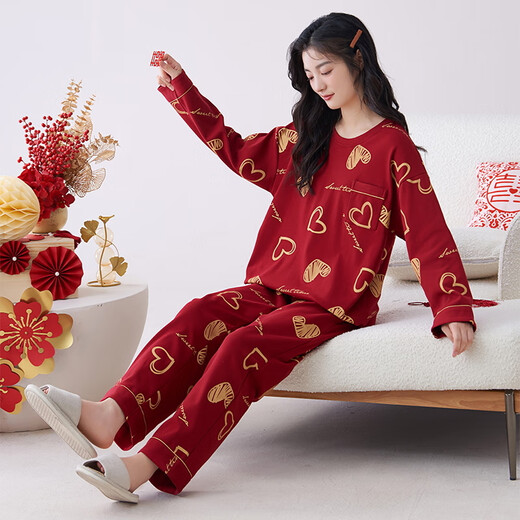 猫人蛇年睡衣女士春秋季纯棉长袖100%全棉家居服冬红色本命年V领套装 9226 2XL ( 建议体重130-160斤）