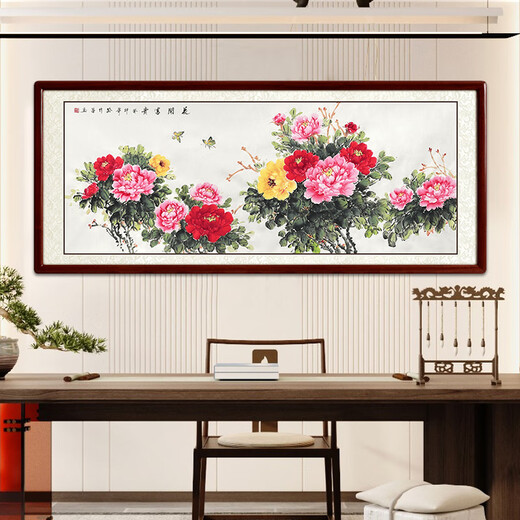 Shangdetang hand-painted Chinese painting peony blooming rich living room background wall decoration painting new Chinese style hanging painting ink painting Sapele solid wood frame-right angle walnut color mounting 125*65cm