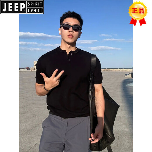 JEEP SPIRIT brand pure black right shoulder short-sleeved Polo shirt men's summer Henry collar T-shirt heavy stiff American slim short-sleeved black L (suitable for 120-135Jin Jin equals 0.5kg)